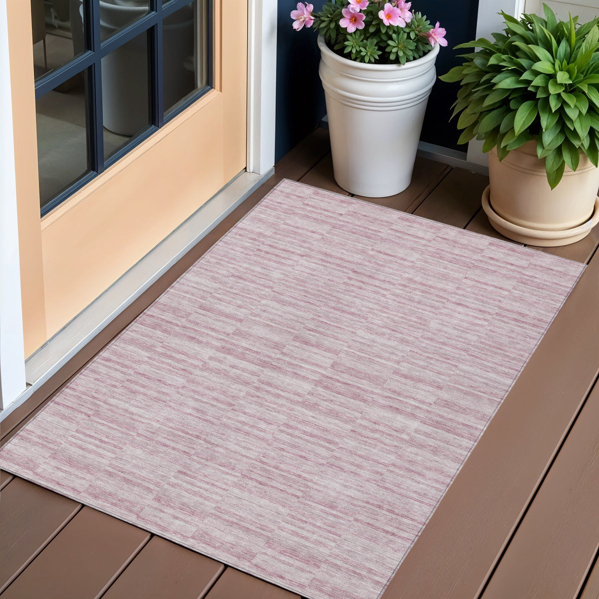 3 X 5 Blush Pink And Beige Striped Washable Indoor Outdoor Area Rug