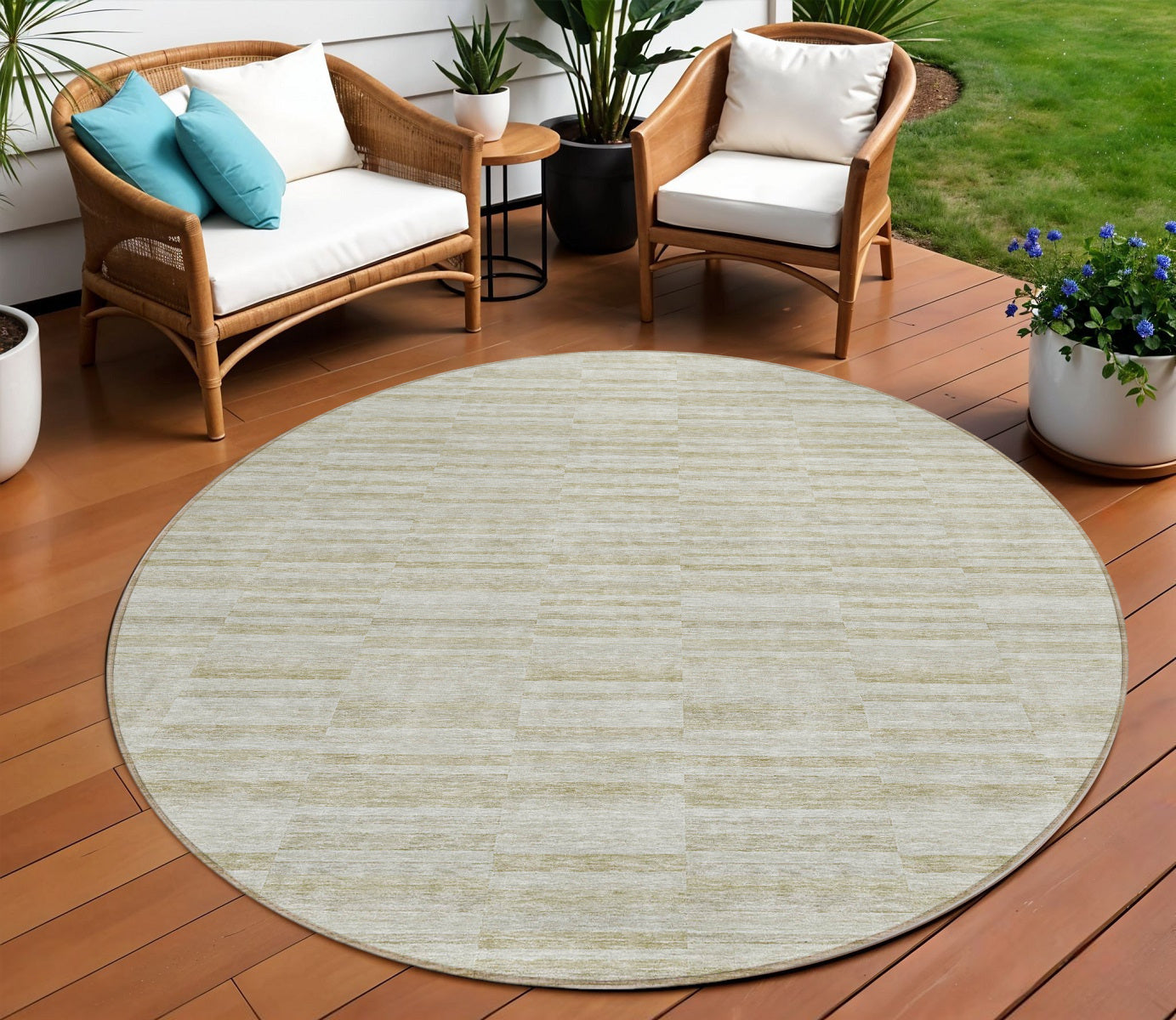 8 Taupe Beige And Tan Round Striped Washable Indoor Outdoor Area Rug