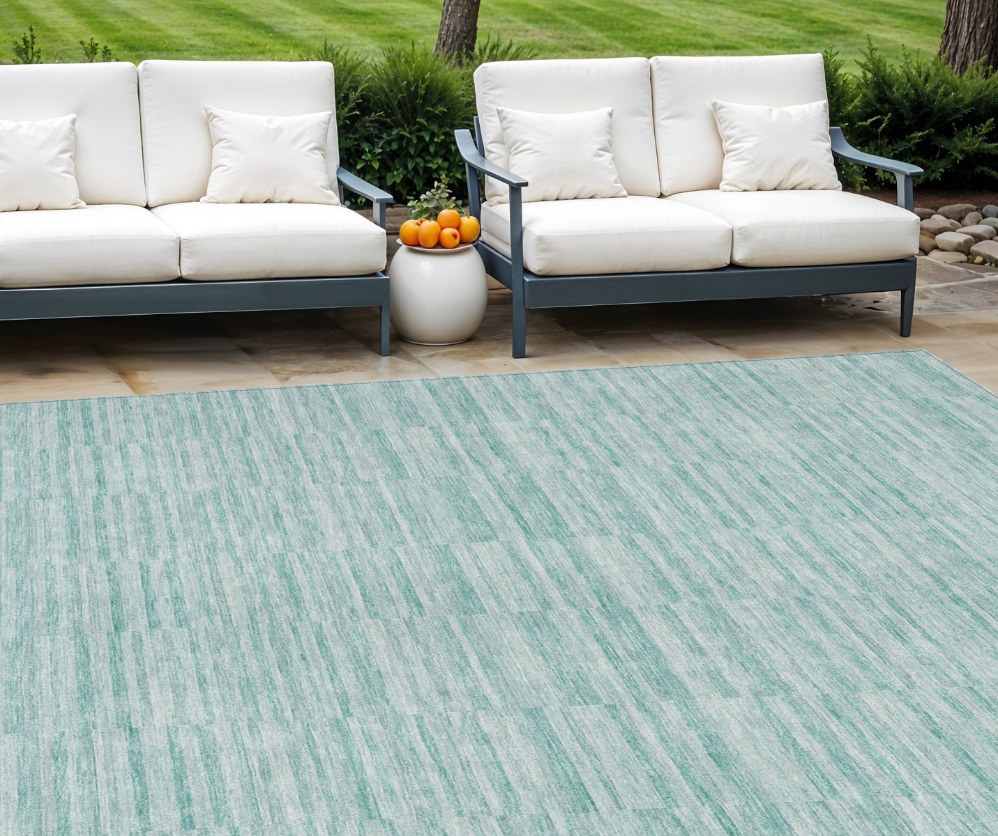 8 X 10 Turquoise Teal Blue And Gray Striped Washable Indoor Outdoor Area Rug