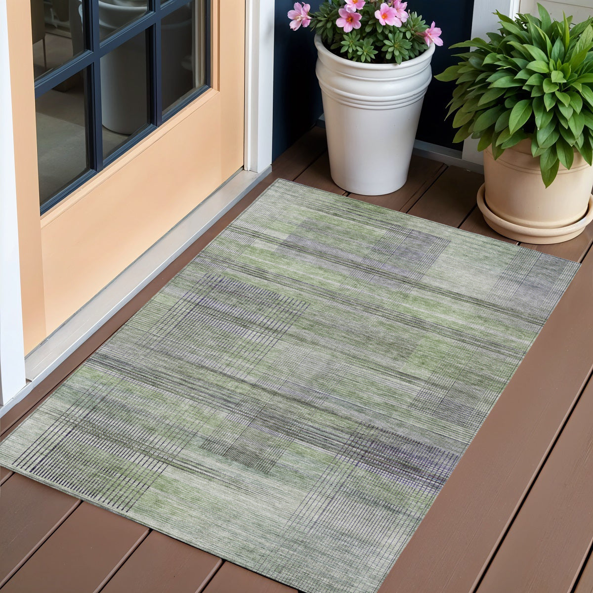 3 X 5 Artichoke Green Purple And Fern Green Striped Washable Indoor Outdoor Area Rug