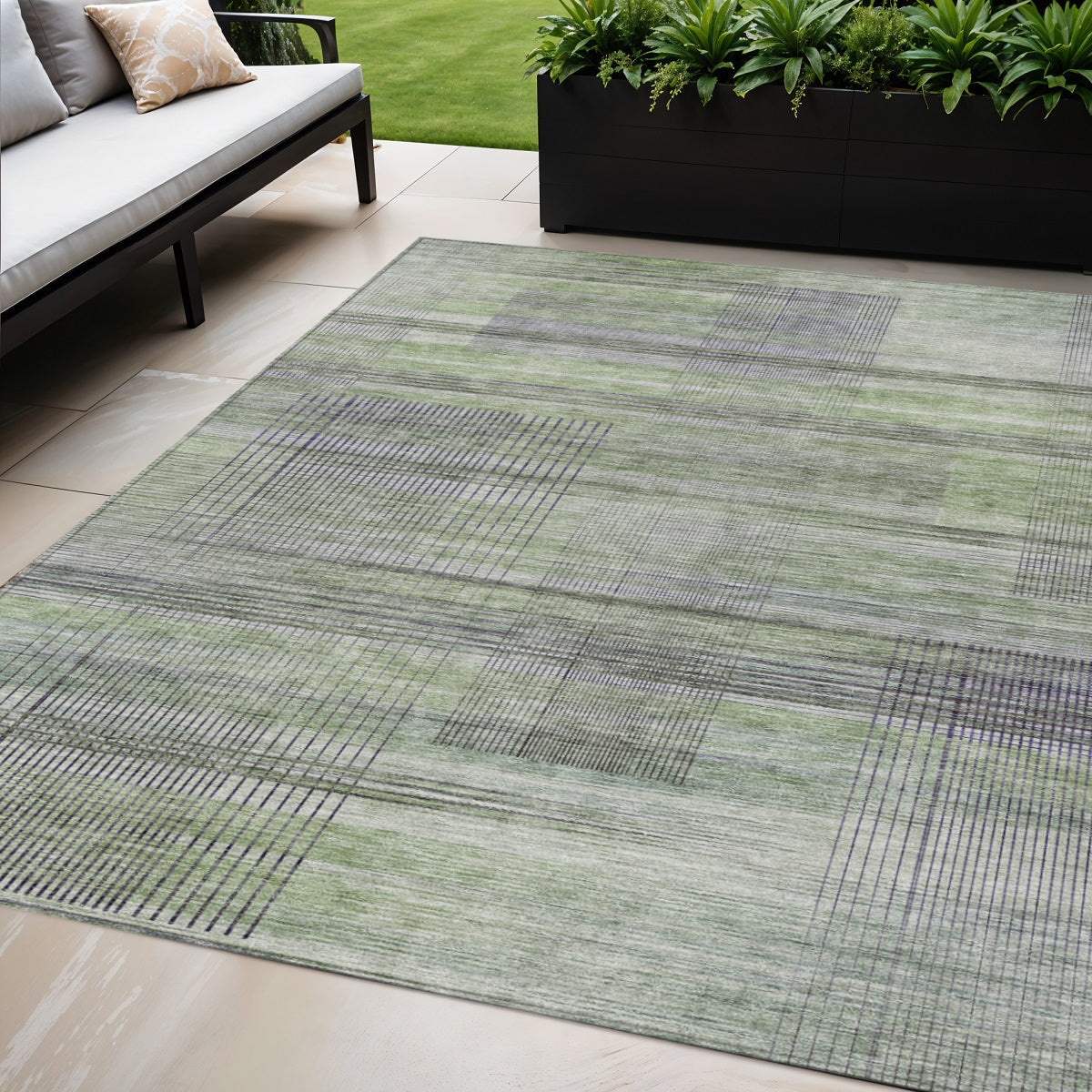 5 X 8 Artichoke Green Purple And Fern Green Striped Washable Indoor Outdoor Area Rug