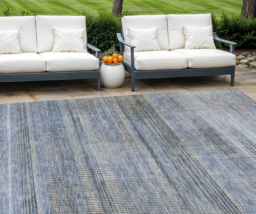 10 X 14 Denim Blue And Sky Blue Striped Washable Indoor Outdoor Area Rug