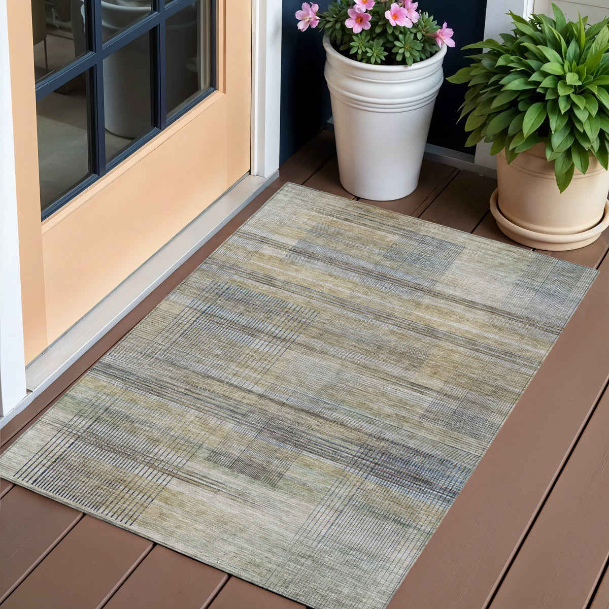 3 X 5 Khaki Tan And Beige Striped Washable Indoor Outdoor Area Rug