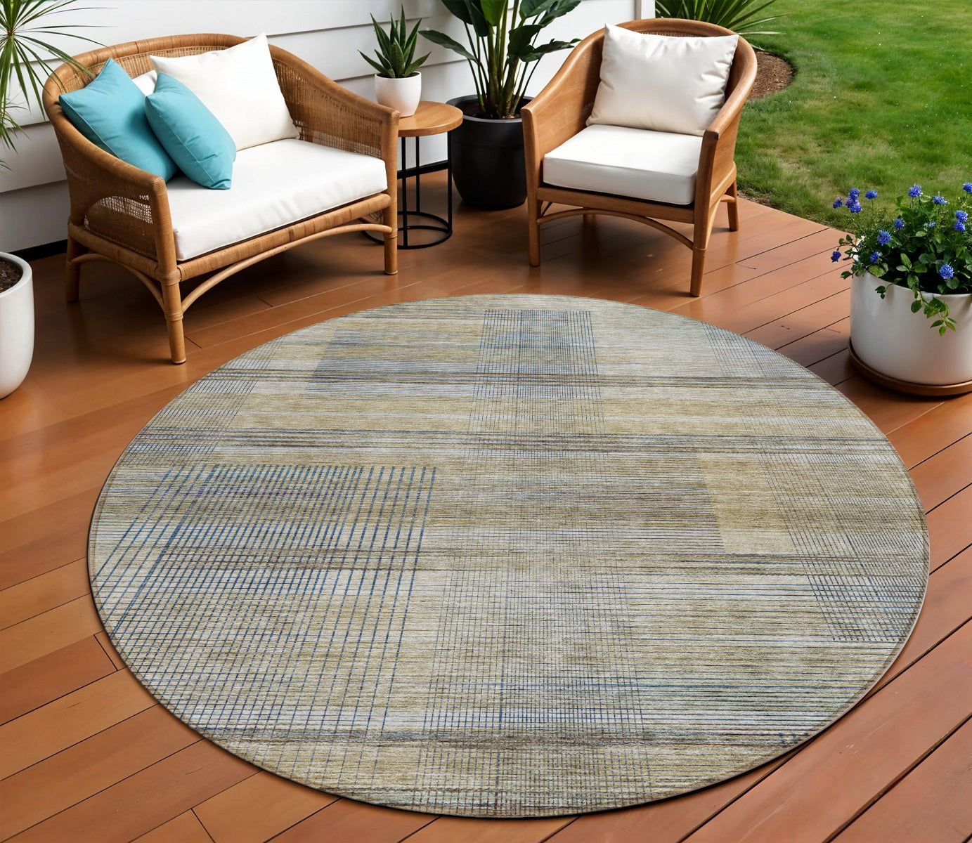 8 Khaki Tan And Beige Round Striped Washable Indoor Outdoor Area Rug