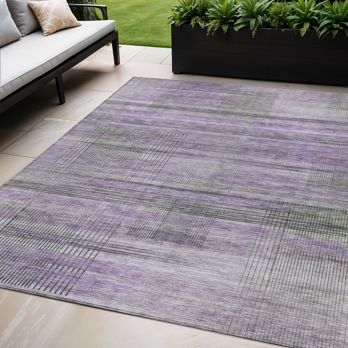 5 X 8 Purple Lavender And Gray Striped Washable Indoor Outdoor Area Rug