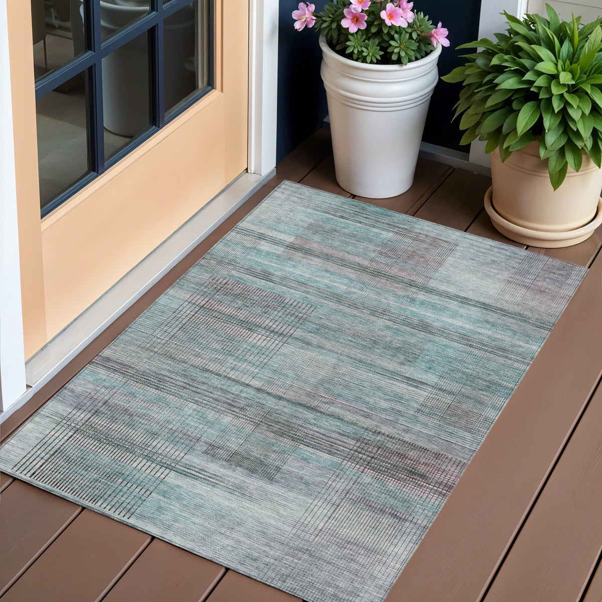 3 X 5 Teal Blue Gray And Charcoal Striped Washable Indoor Outdoor Area Rug