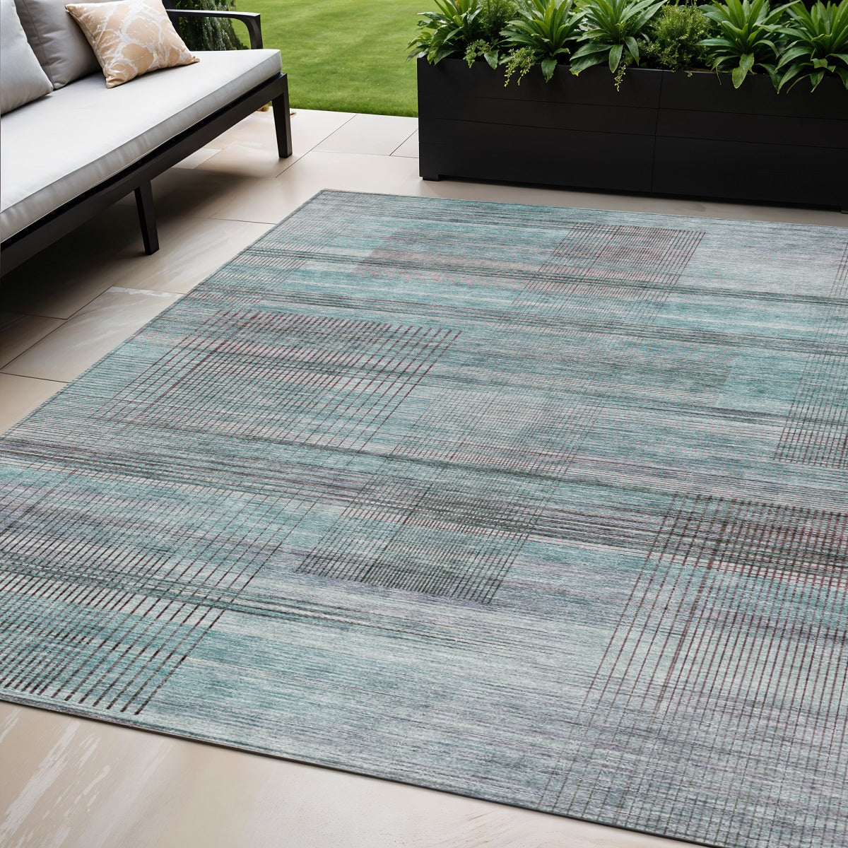 5 X 8 Teal Blue Gray And Charcoal Striped Washable Indoor Outdoor Area Rug