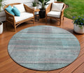 8 Teal Blue Gray And Charcoal Round Striped Washable Indoor Outdoor Area Rug