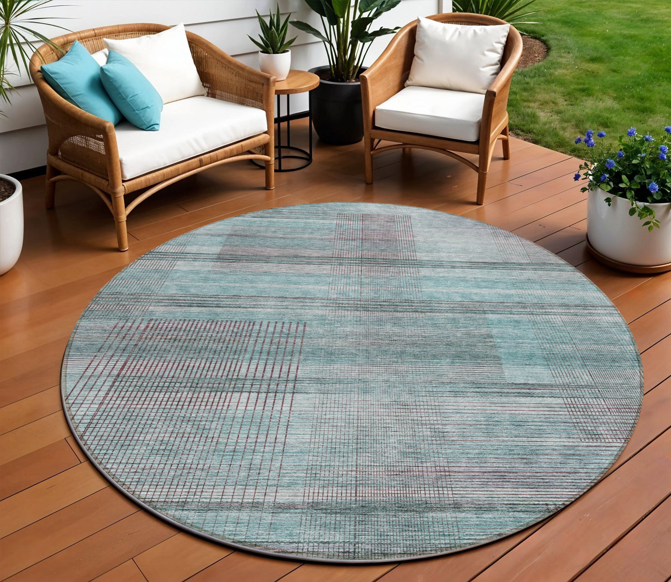 8 Teal Blue Gray And Charcoal Round Striped Washable Indoor Outdoor Area Rug