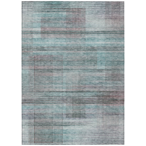 10 X 14 Teal Blue Gray And Charcoal Striped Washable Indoor Outdoor Area Rug