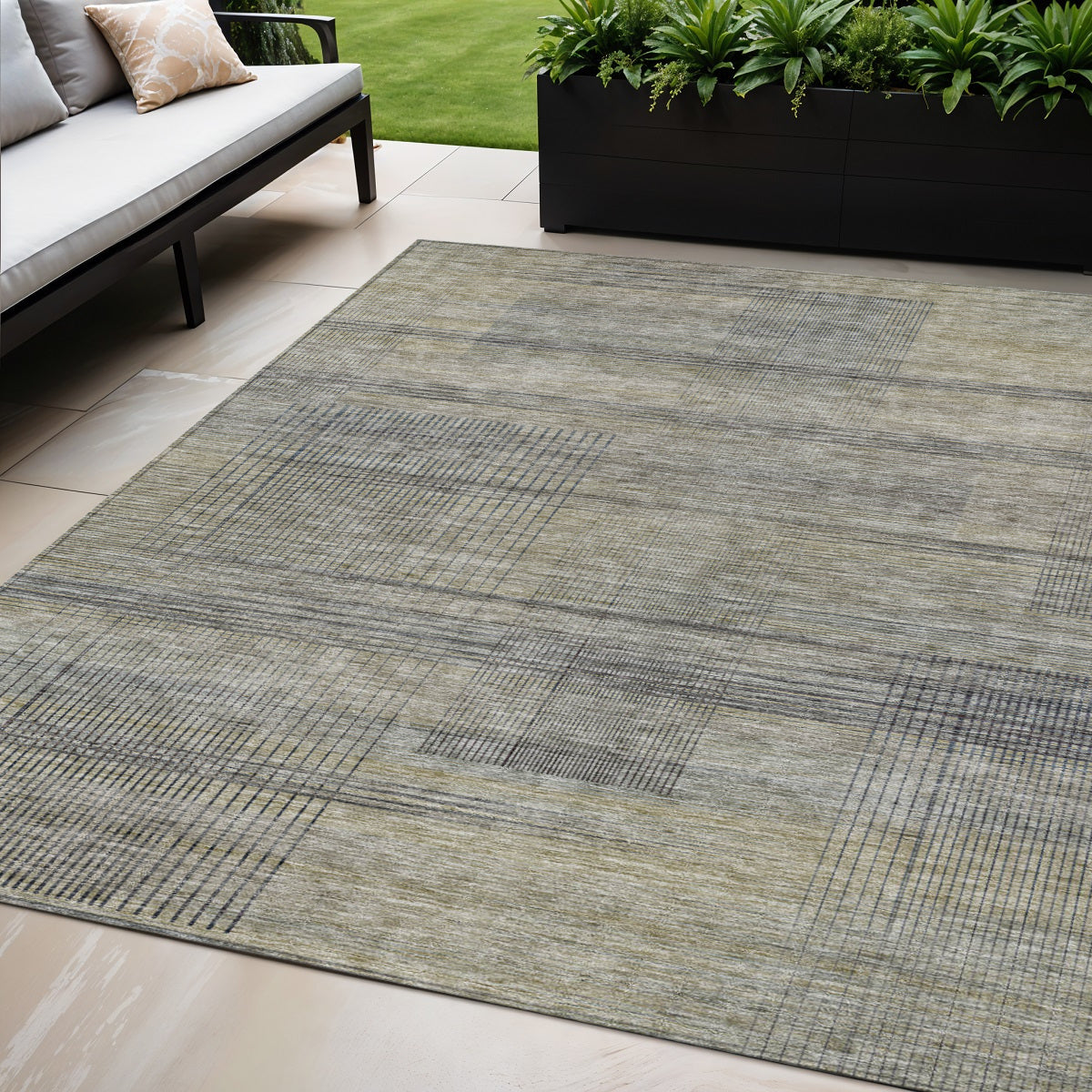 5 X 8 Khaki Beige And Gray Striped Washable Indoor Outdoor Area Rug