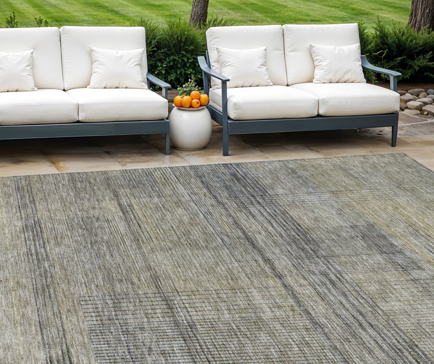 8 X 10 Khaki Beige And Gray Striped Washable Indoor Outdoor Area Rug