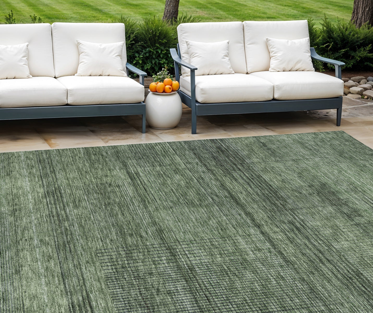 9 X 12 Olive Green And Gray Striped Washable Indoor Outdoor Area Rug