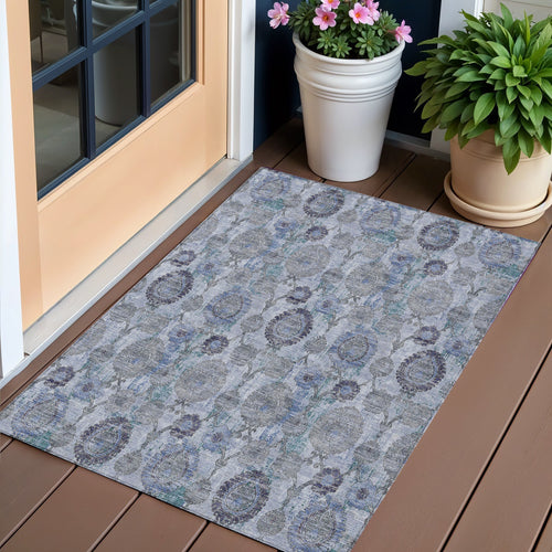 3 X 5 Navy Blue And Sky Blue Damask Washable Indoor Outdoor Area Rug