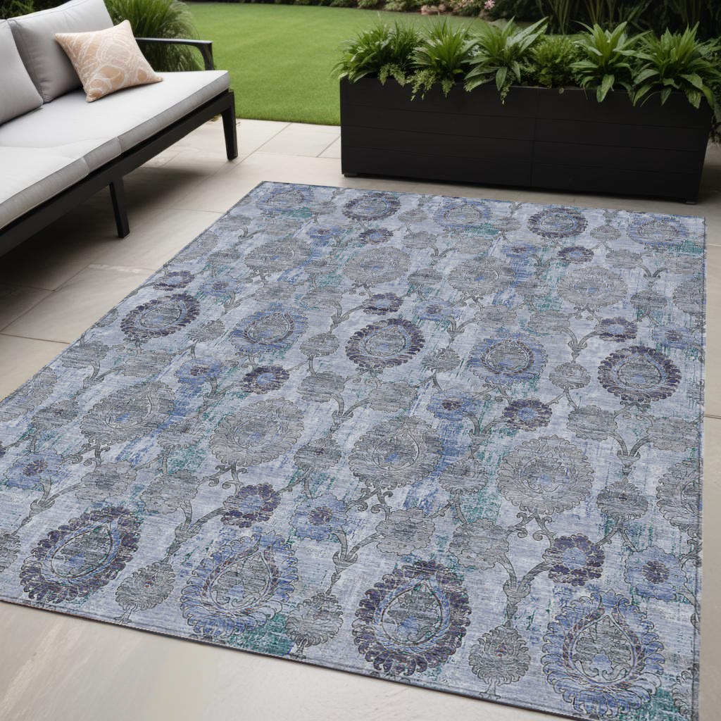 5 X 8 Navy Blue And Sky Blue Damask Washable Indoor Outdoor Area Rug
