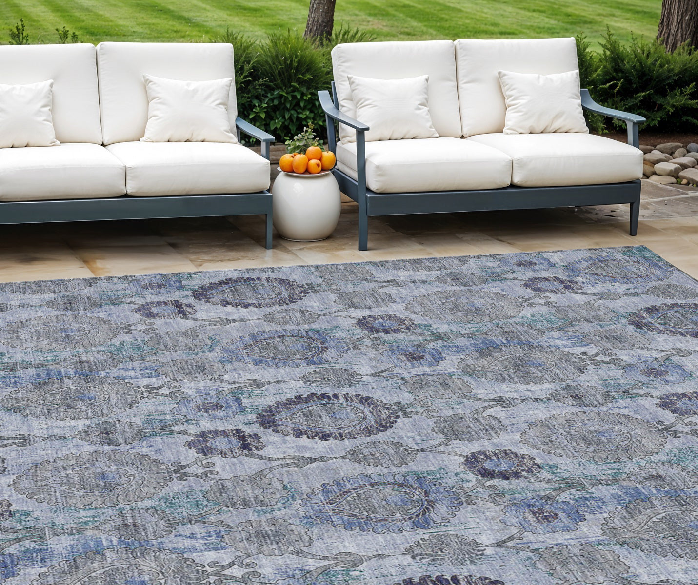 8 X 10 Navy Blue And Sky Blue Damask Washable Indoor Outdoor Area Rug