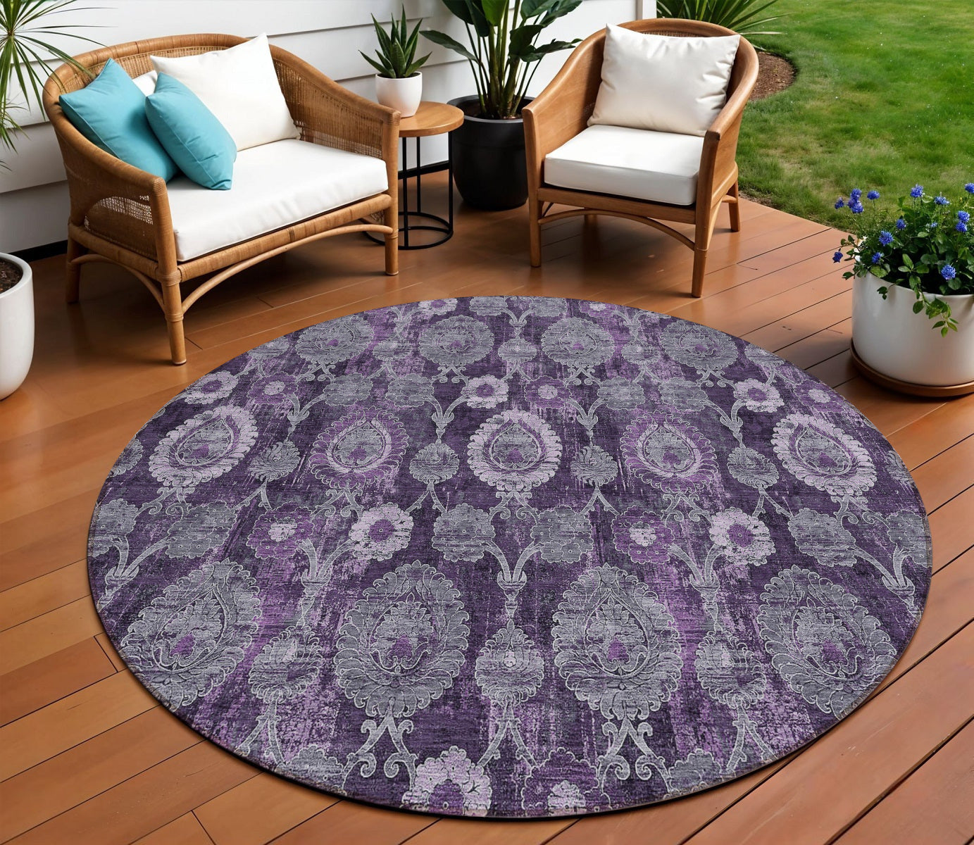8 Eggplant Purple And Lavender Round Damask Washable Indoor Outdoor Area Rug