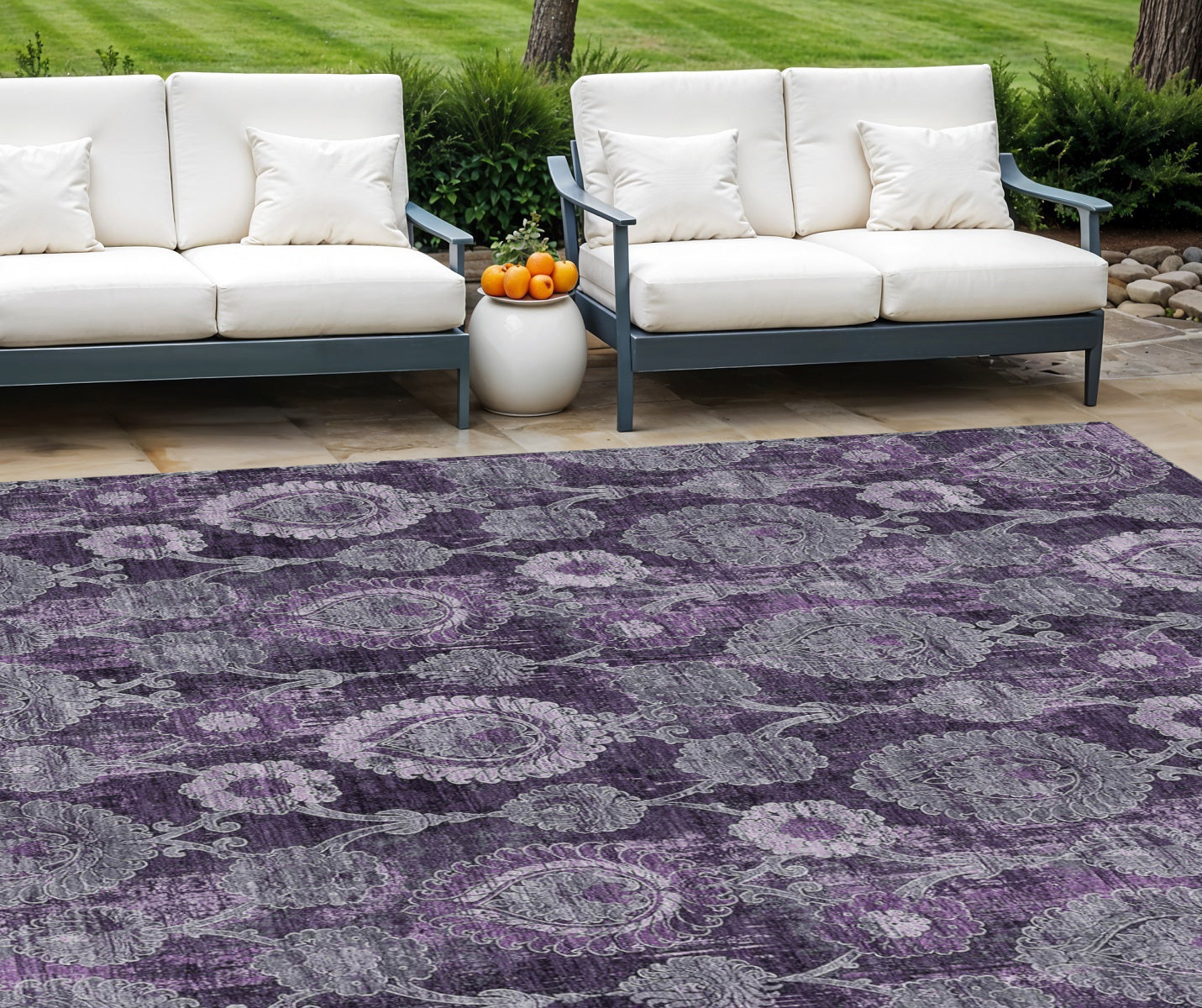 10 X 14 Eggplant Purple And Lavender Damask Washable Indoor Outdoor Area Rug