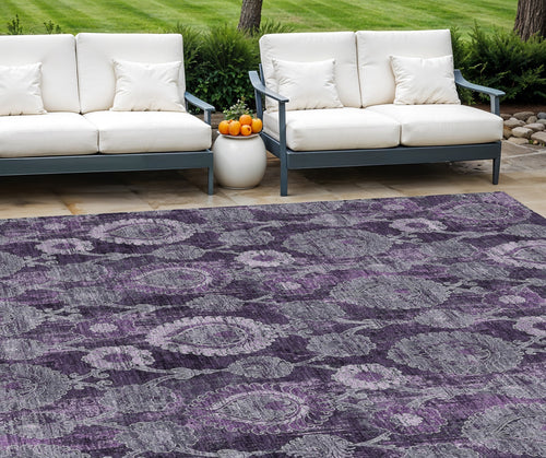 10 X 14 Eggplant Purple And Lavender Damask Washable Indoor Outdoor Area Rug