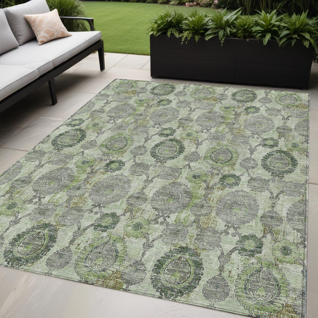 5 X 8 Artichoke Green And Fern Green Damask Washable Indoor Outdoor Area Rug