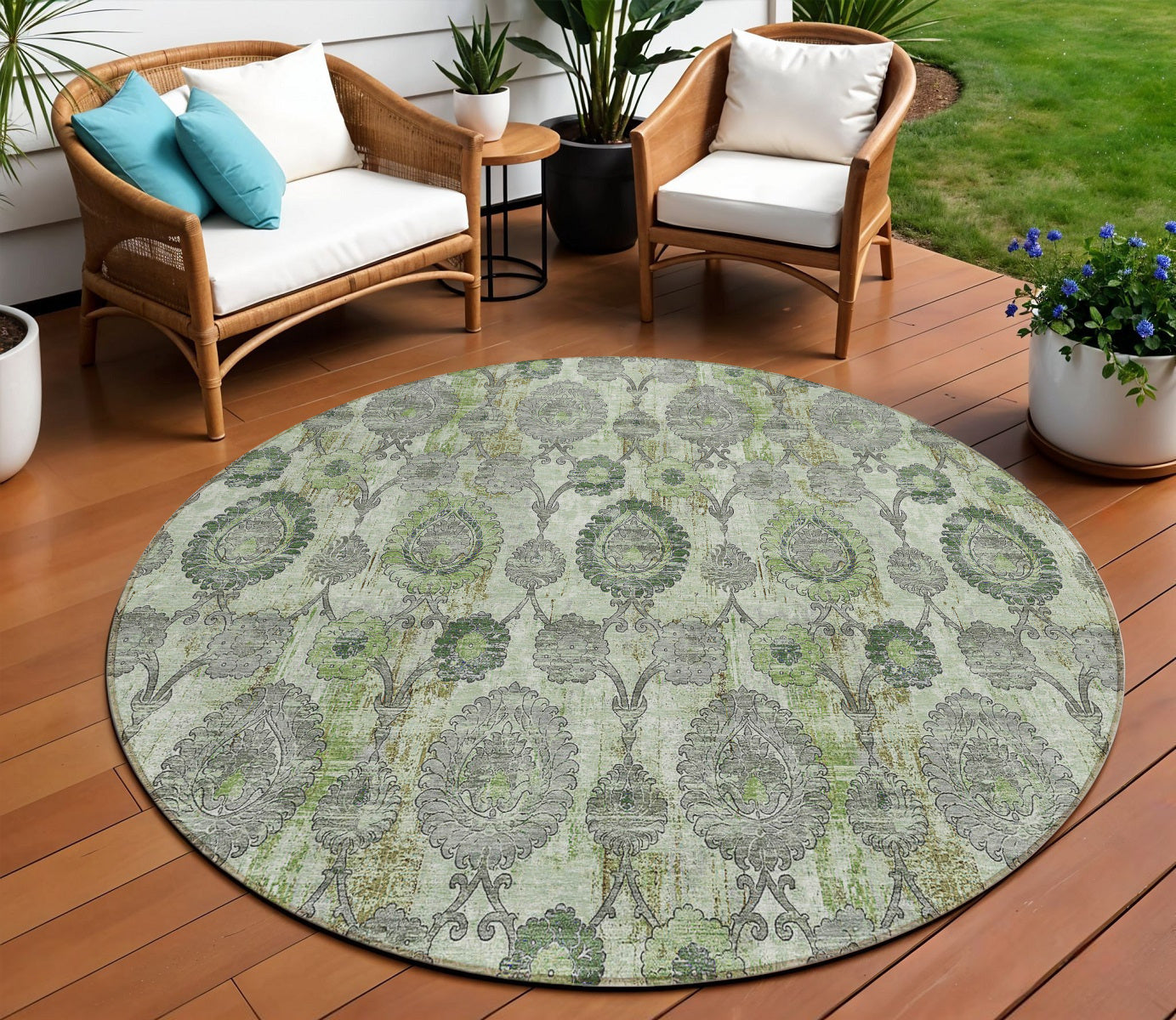8 Artichoke Green And Fern Green Round Damask Washable Indoor Outdoor Area Rug