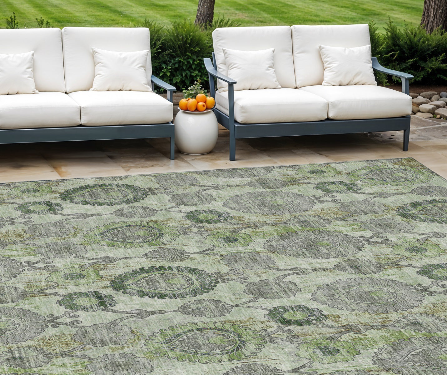 9 X 12 Artichoke Green And Fern Green Damask Washable Indoor Outdoor Area Rug