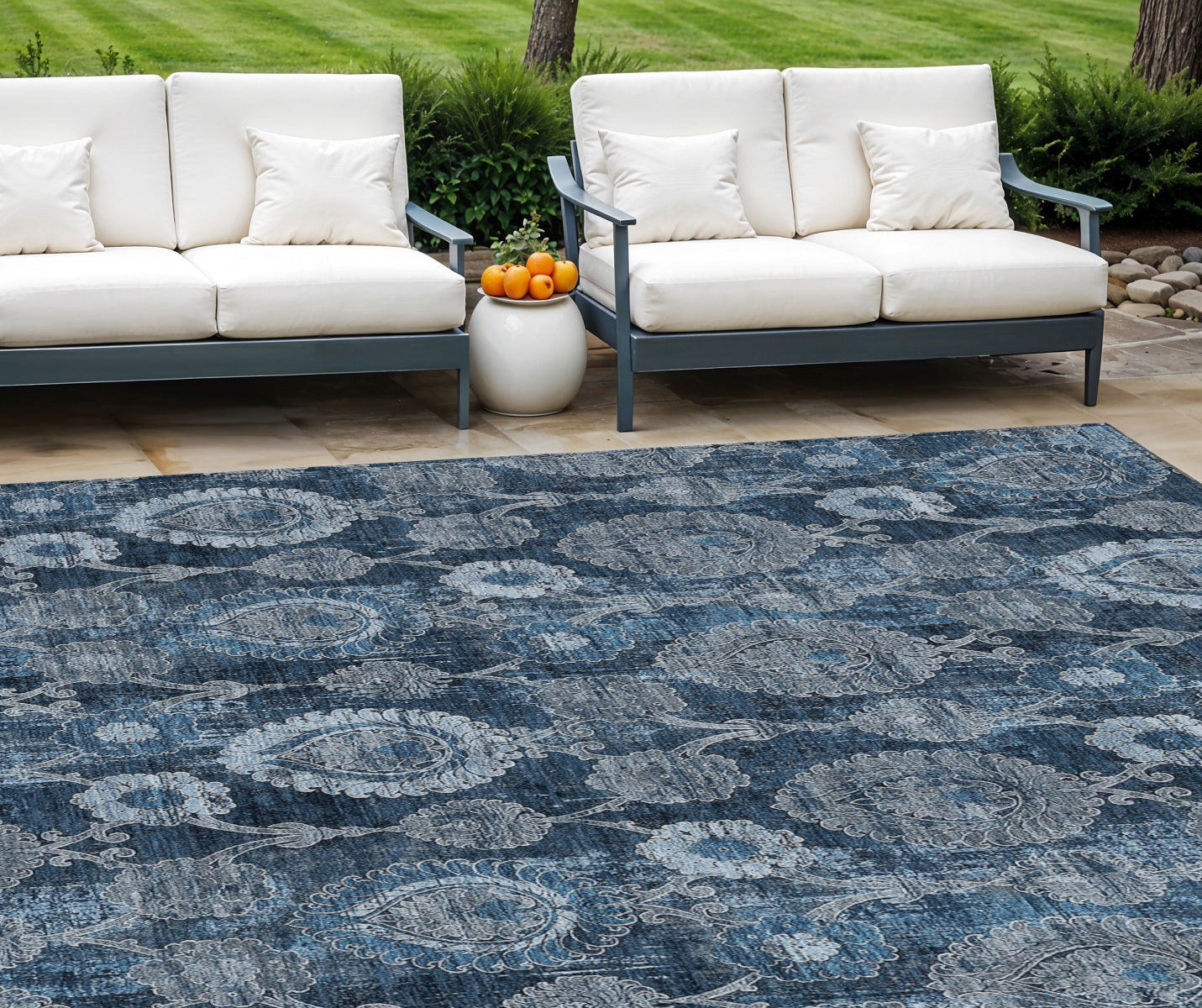 8 X 10 Navy Blue And Denim Blue Damask Washable Indoor Outdoor Area Rug