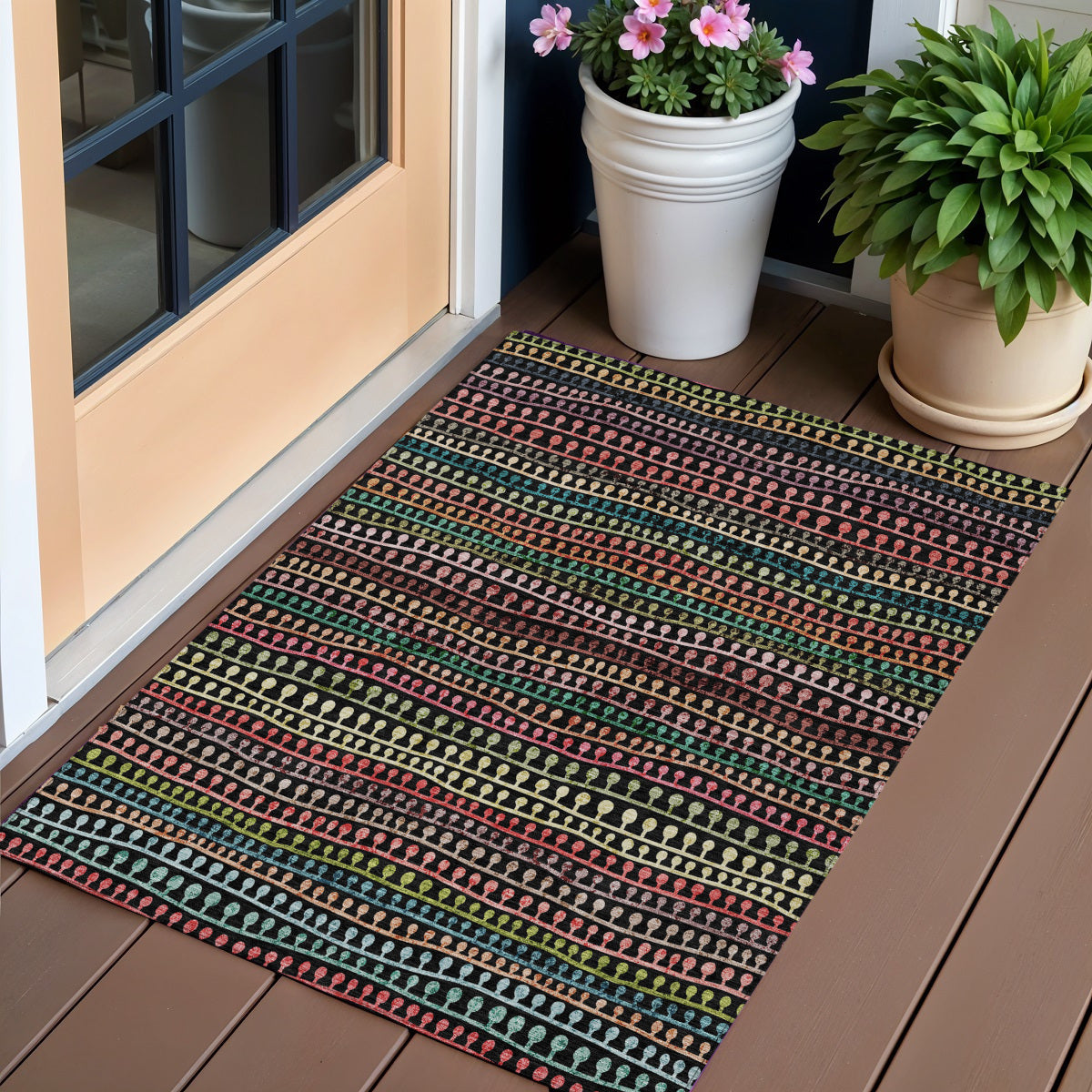 3 X 5 Black Green And Gold Striped Washable Indoor Outdoor Area Rug