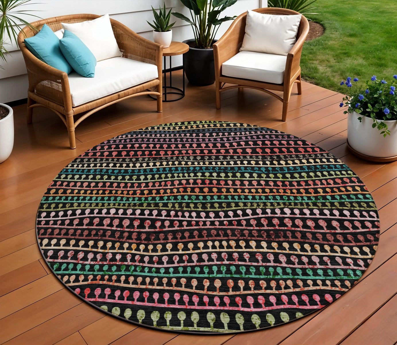 8 Black Green And Gold Round Striped Washable Indoor Outdoor Area Rug