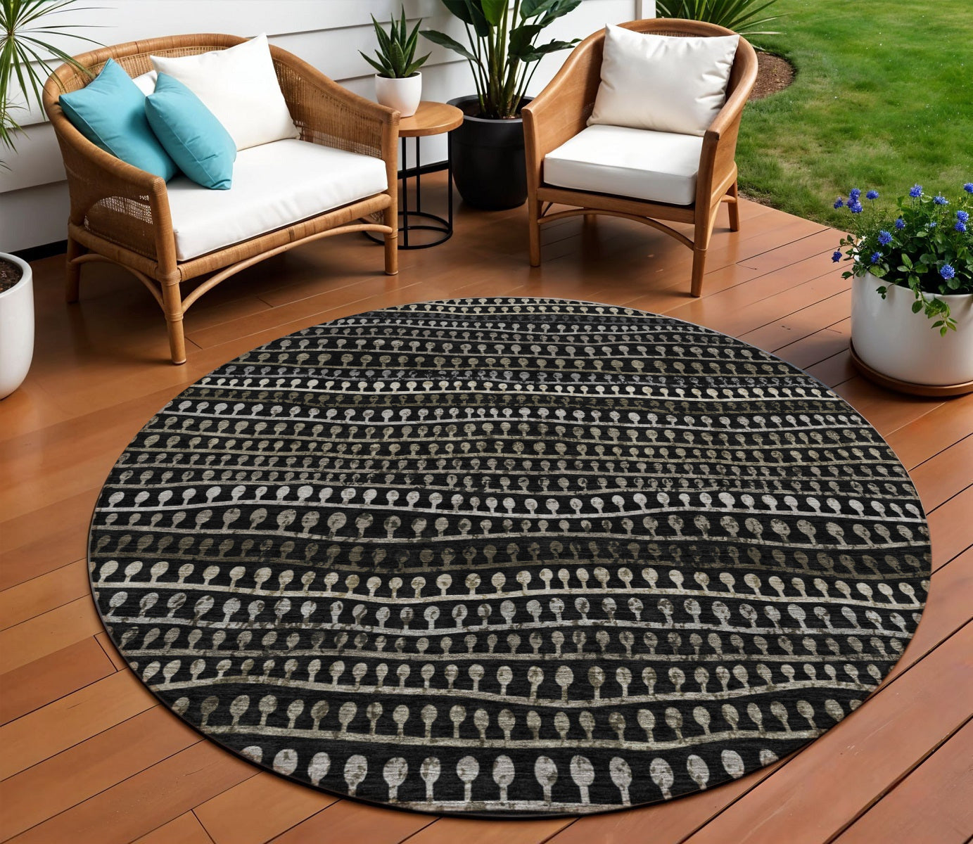 8 Taupe Charcoal And Gray Round Striped Washable Indoor Outdoor Area Rug