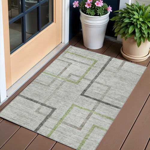 3 X 5 Green And Charcoal Geometric Washable Indoor Outdoor Area Rug