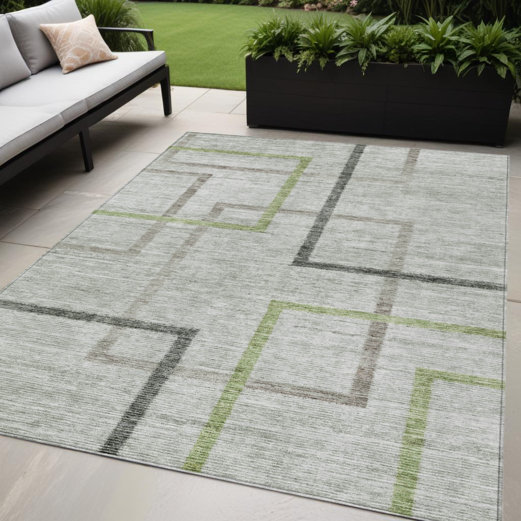 5 X 8 Green And Charcoal Geometric Washable Indoor Outdoor Area Rug