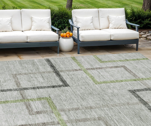 10 X 14 Green And Charcoal Geometric Washable Indoor Outdoor Area Rug