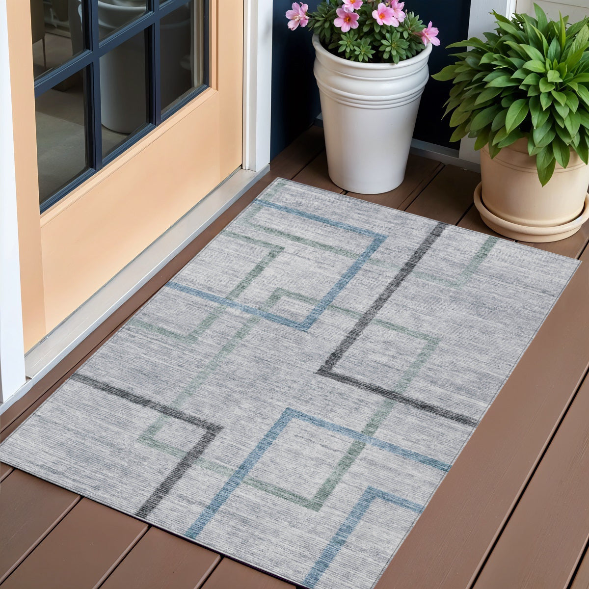 3 X 5 Gray Charcoal And Blue Geometric Washable Indoor Outdoor Area Rug