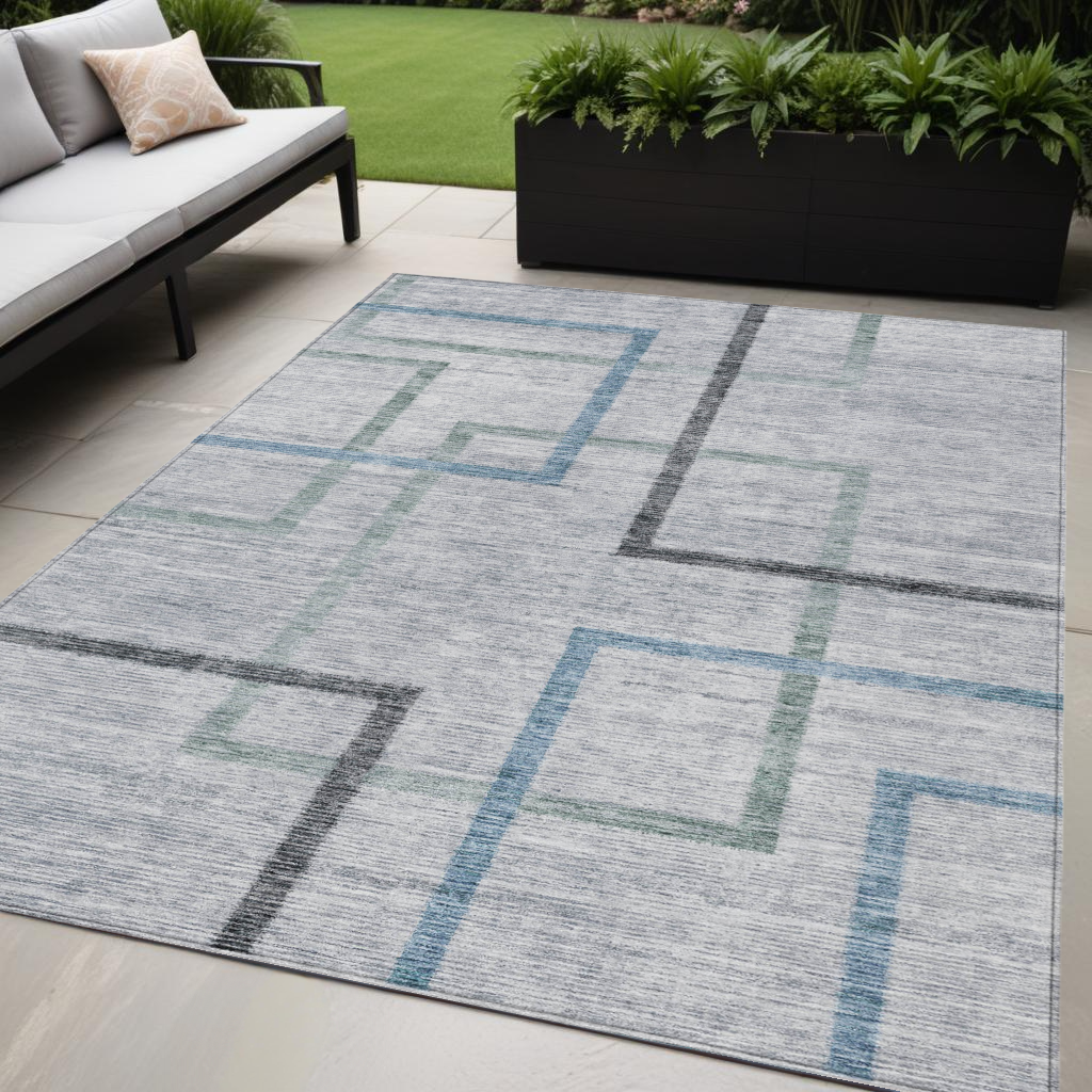 5 X 8 Gray Charcoal And Blue Geometric Washable Indoor Outdoor Area Rug