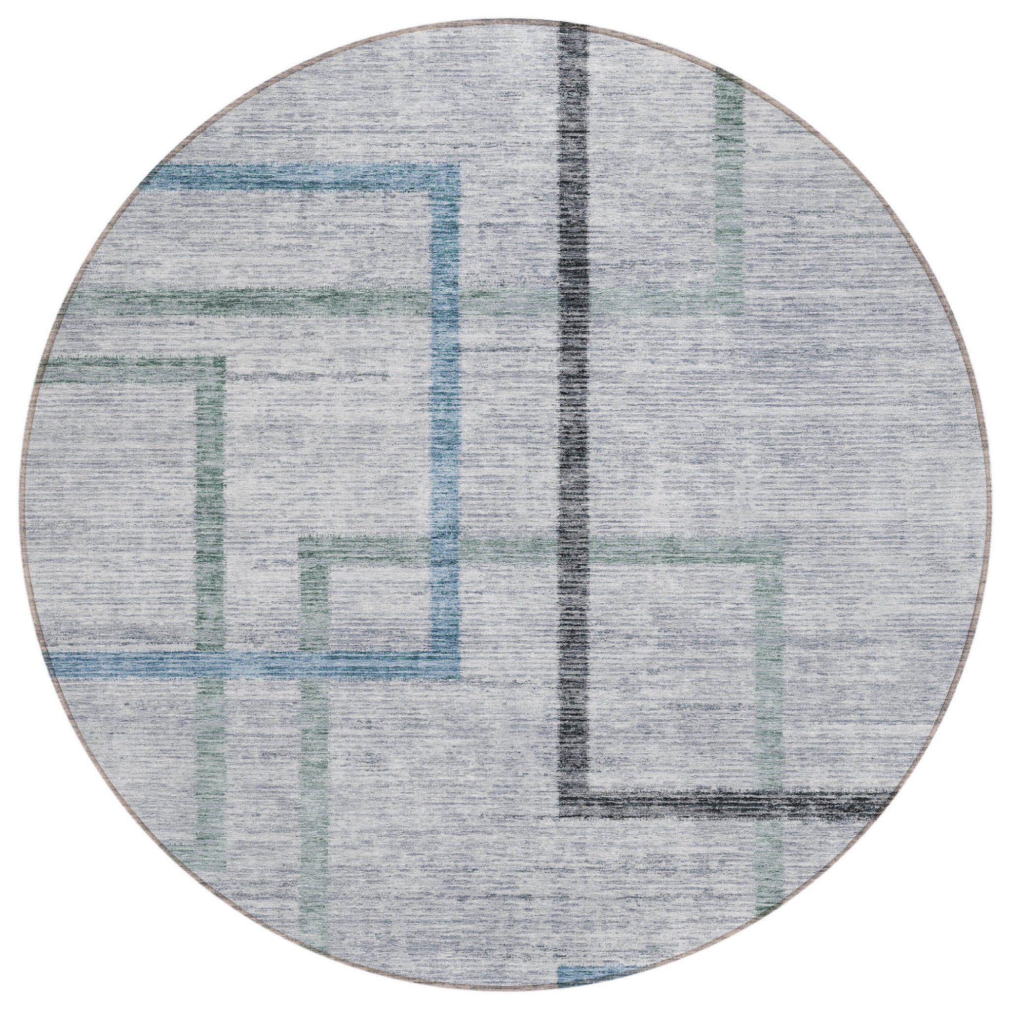 8 Gray Charcoal And Blue Round Geometric Washable Indoor Outdoor Area Rug