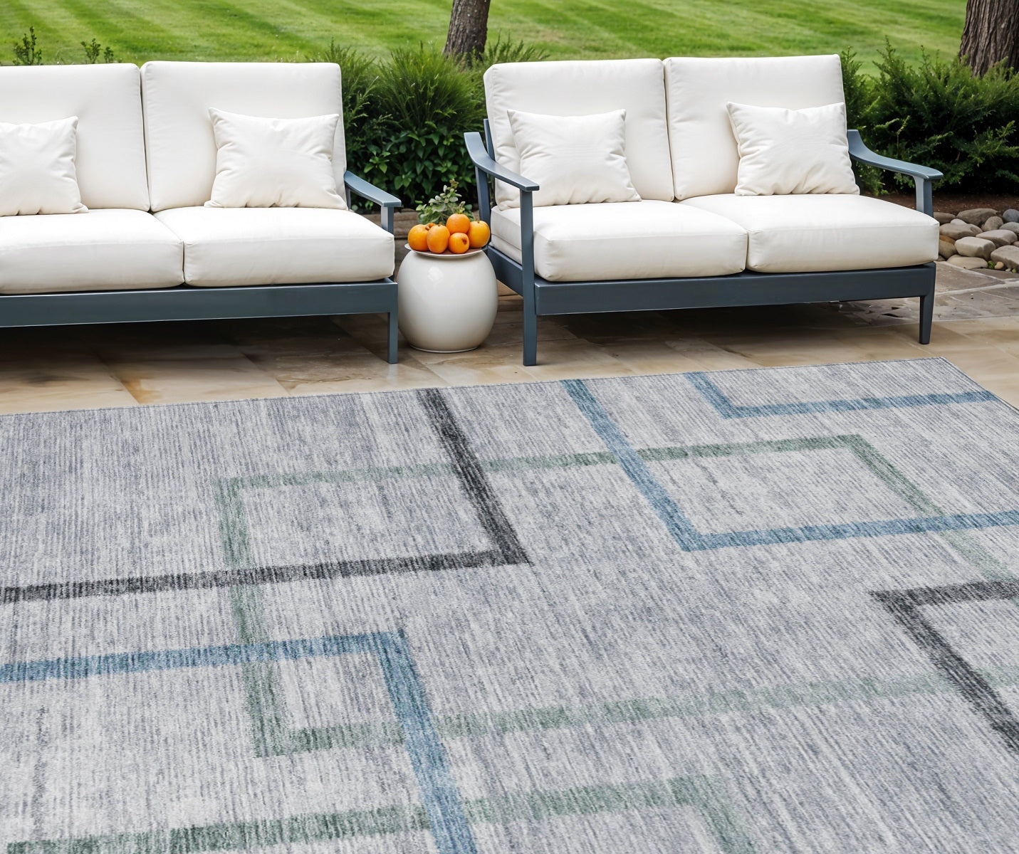 8 X 10 Gray Charcoal And Blue Geometric Washable Indoor Outdoor Area Rug
