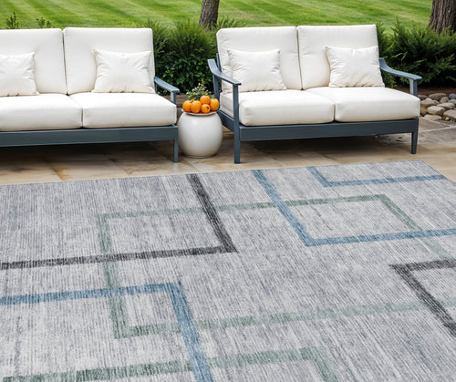 10 X 14 Gray Charcoal And Blue Geometric Washable Indoor Outdoor Area Rug