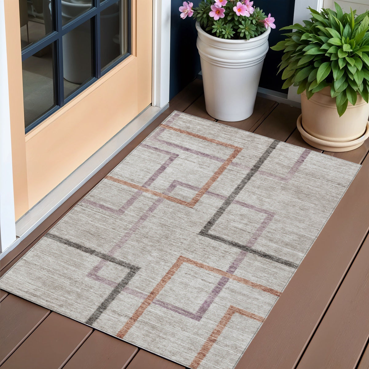 3 X 5 Taupe Charcoal And Copper Geometric Washable Indoor Outdoor Area Rug