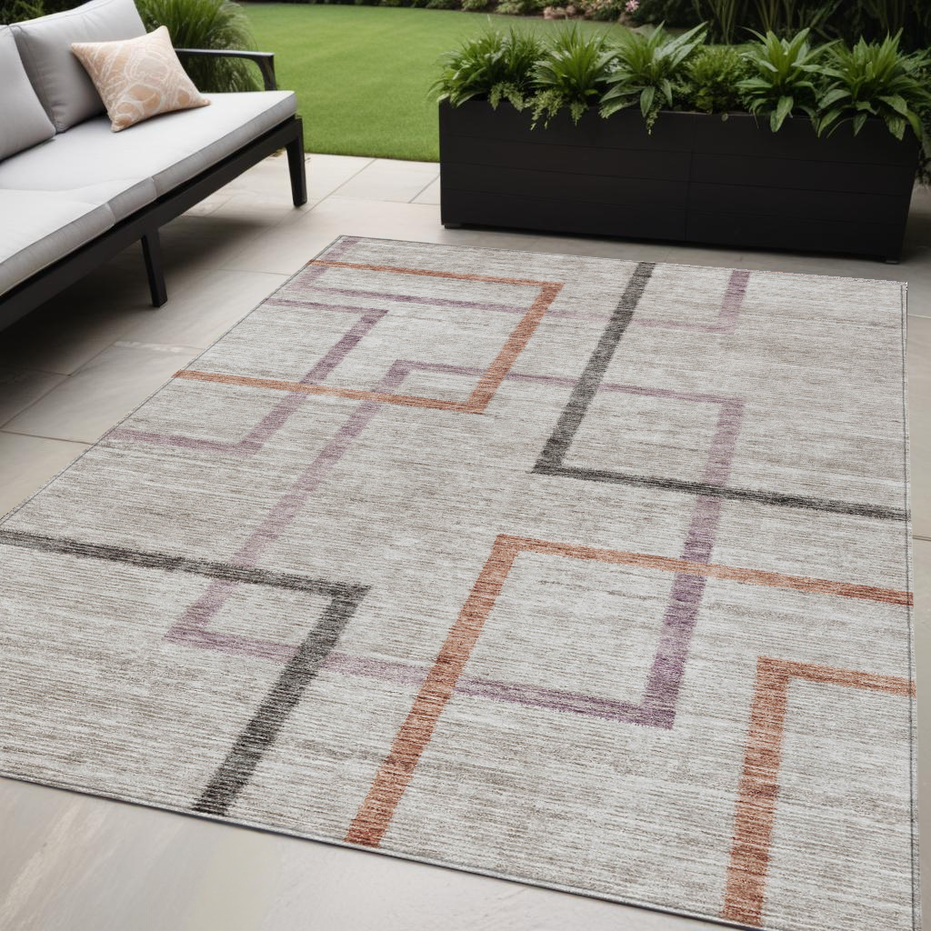 5 X 8 Taupe Charcoal And Copper Geometric Washable Indoor Outdoor Area Rug