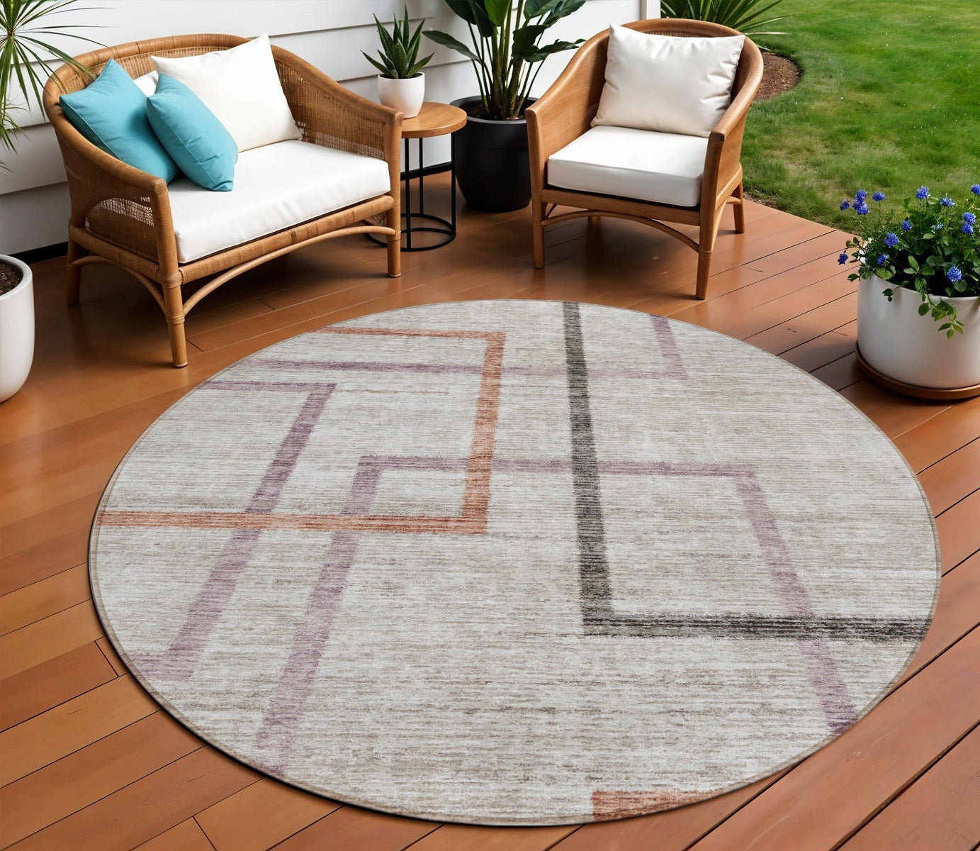 8 Taupe Charcoal And Copper Round Geometric Washable Indoor Outdoor Area Rug