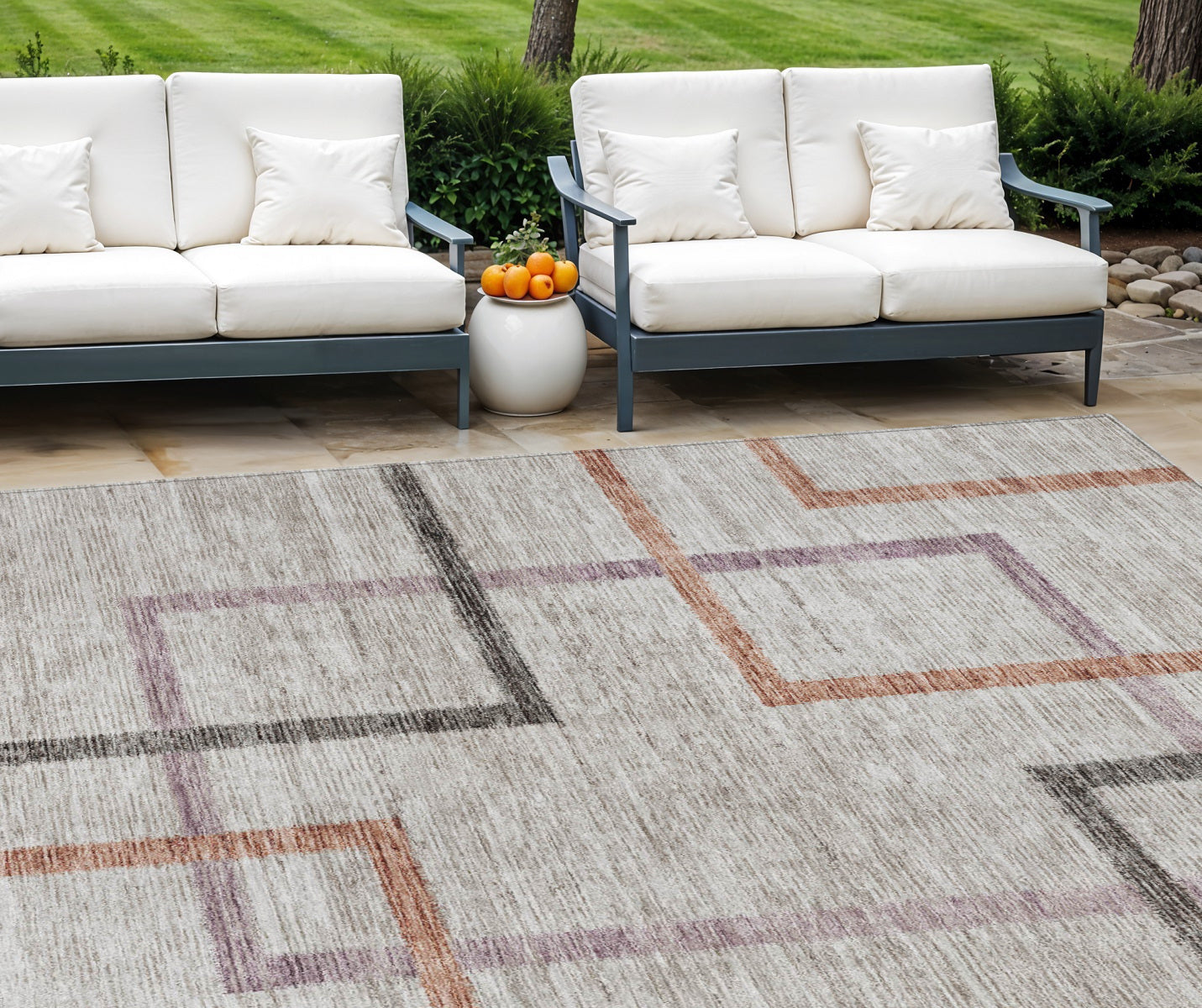 8 X 10 Taupe Charcoal And Copper Geometric Washable Indoor Outdoor Area Rug