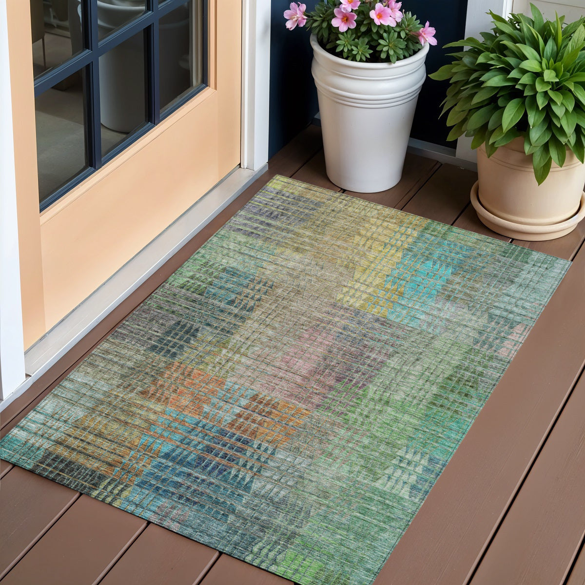 3 X 5 Green Gold And Teal Blue Abstract Washable Indoor Outdoor Area Rug