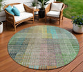8 Green Gold And Teal Blue Round Abstract Washable Indoor Outdoor Area Rug