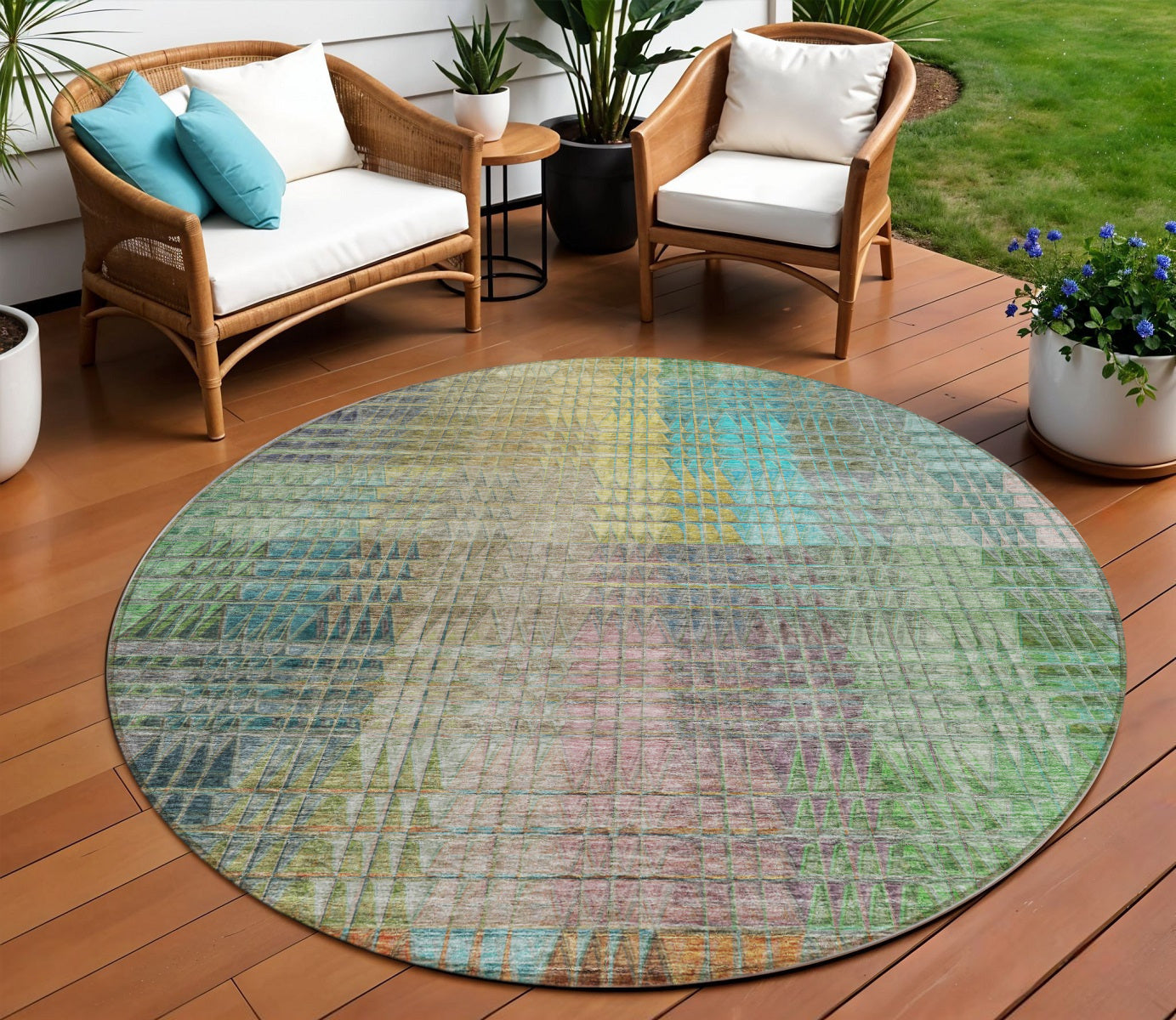 8 Green Gold And Teal Blue Round Abstract Washable Indoor Outdoor Area Rug