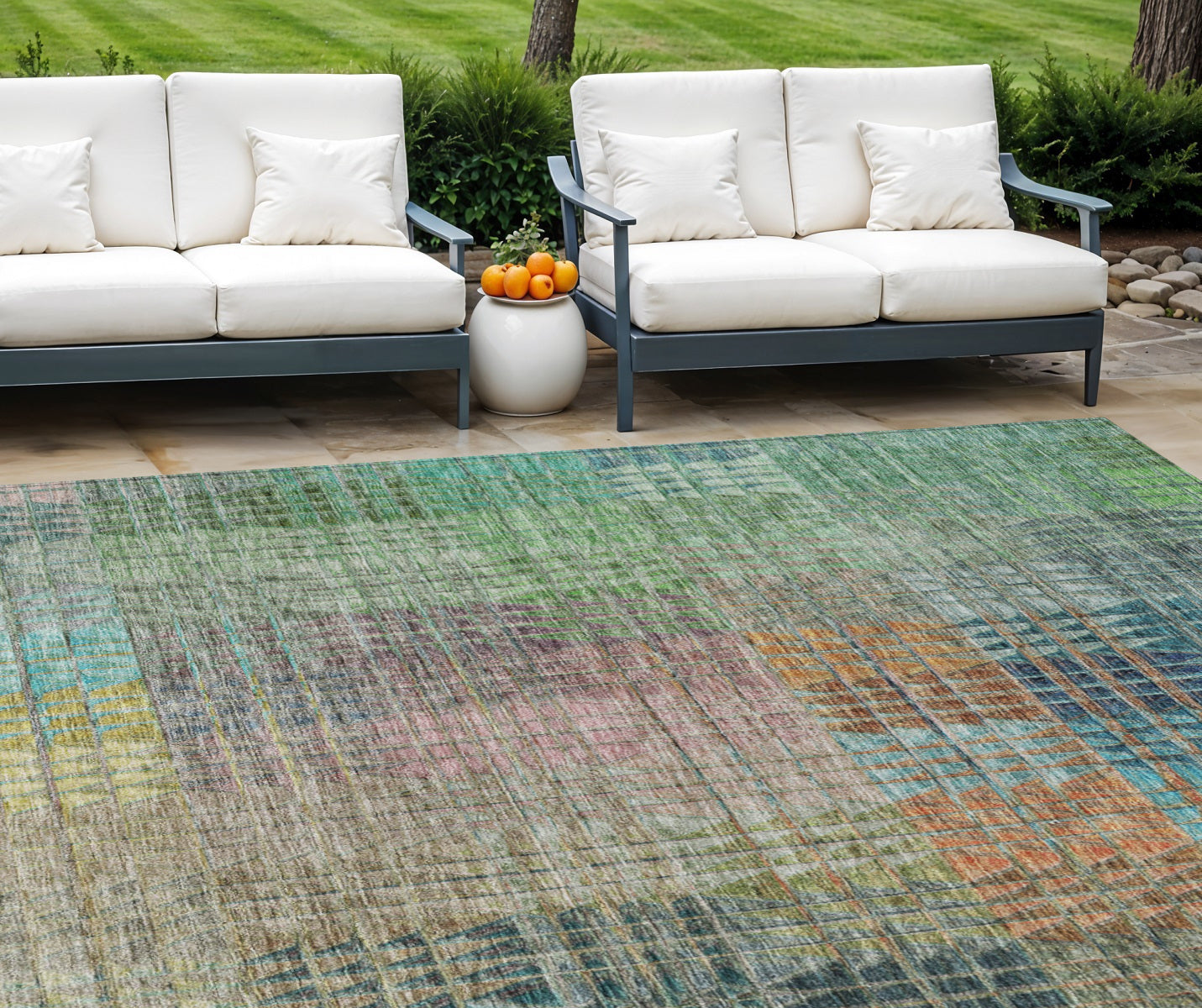 10 X 14 Green Gold And Teal Blue Abstract Washable Indoor Outdoor Area Rug