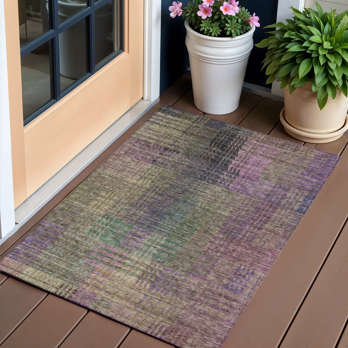 3 X 5 Plum Olive Green And Lavender Abstract Washable Indoor Outdoor Area Rug