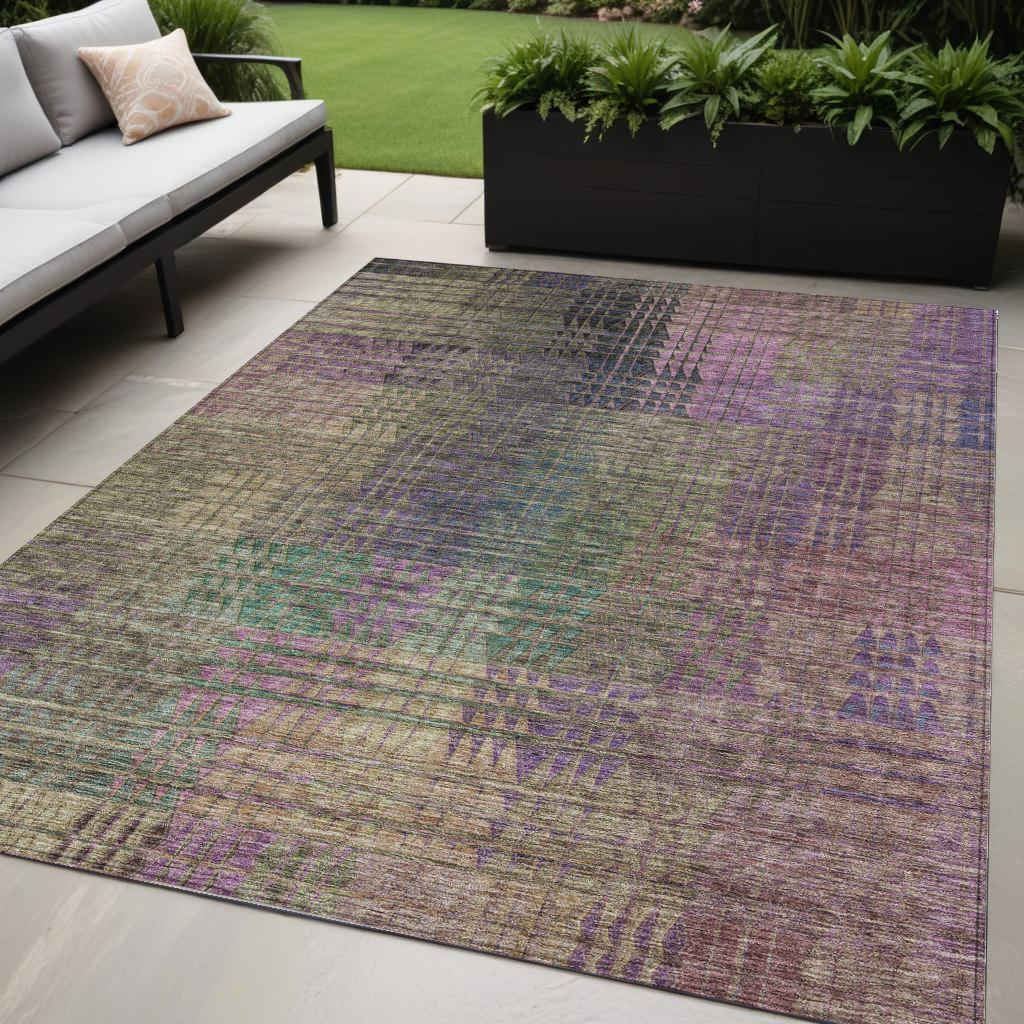 5 X 8 Plum Olive Green And Lavender Abstract Washable Indoor Outdoor Area Rug