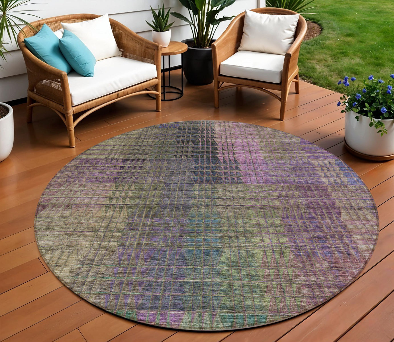 8 Plum Olive Green And Lavender Round Abstract Washable Indoor Outdoor Area Rug