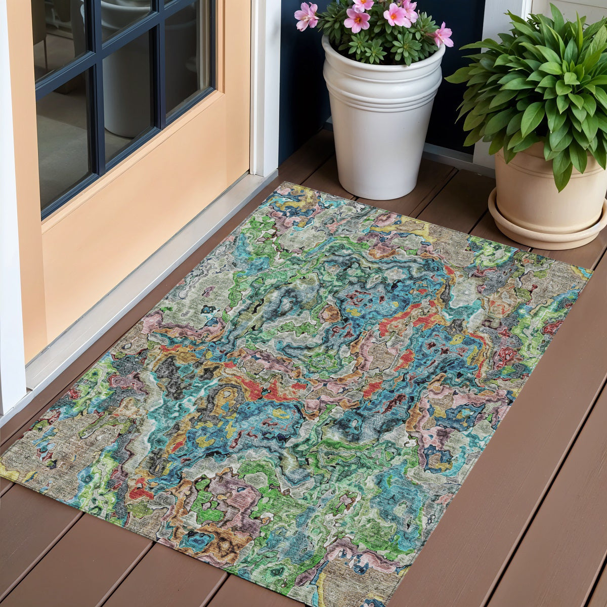 3 X 5 Orange And Teal Blue Abstract Washable Indoor Outdoor Area Rug
